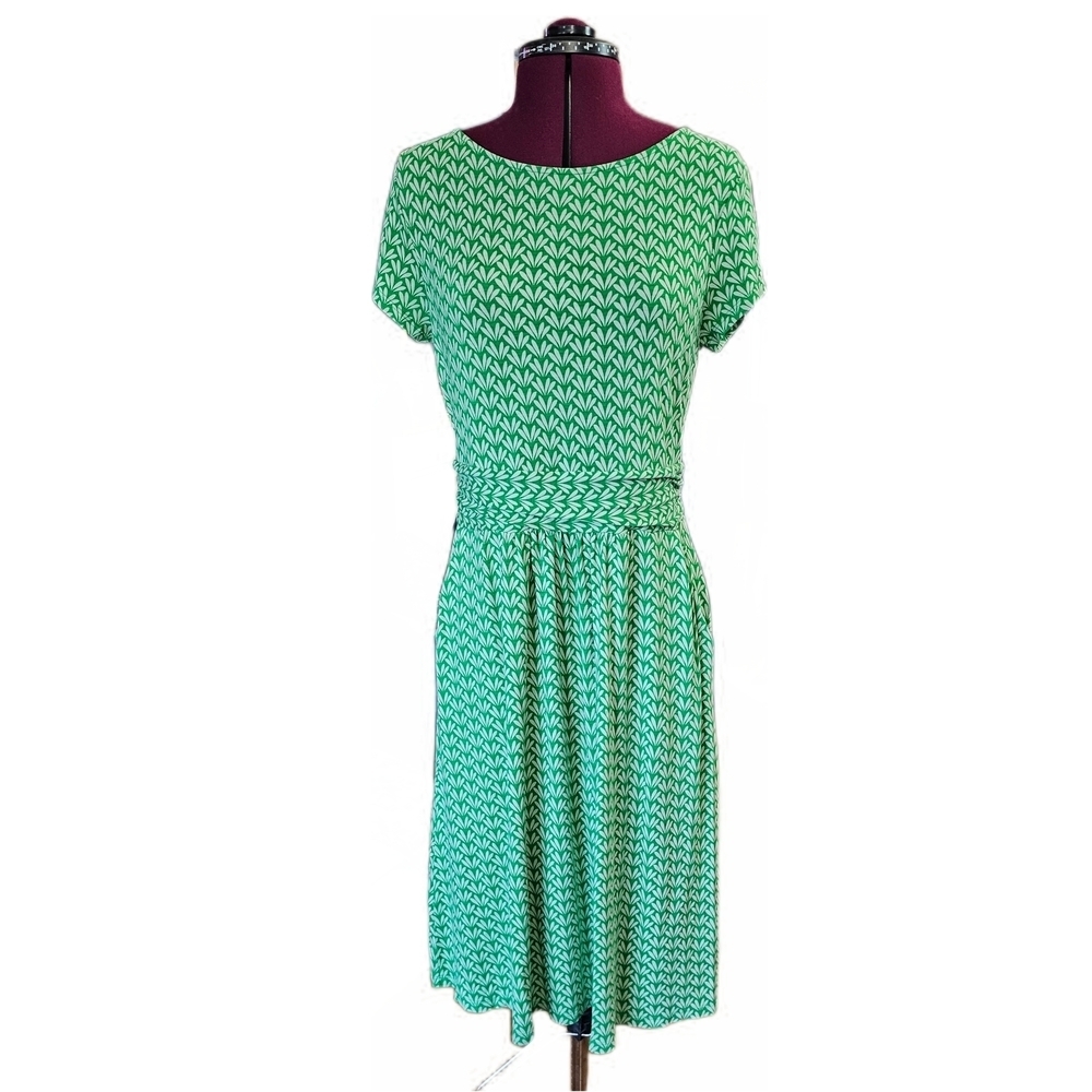 Boden Green A-Line Midi Stretch Dress Short Sleeve Crew Neck With Pockets